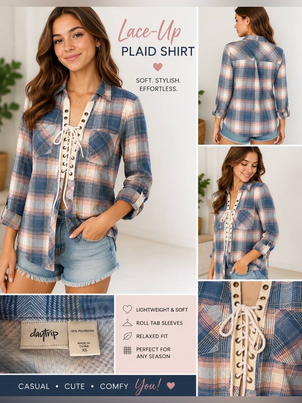 Daytrip Lace-Up Plaid Flannel Boho Shirt Roll-Tab Sleeves XS EUC